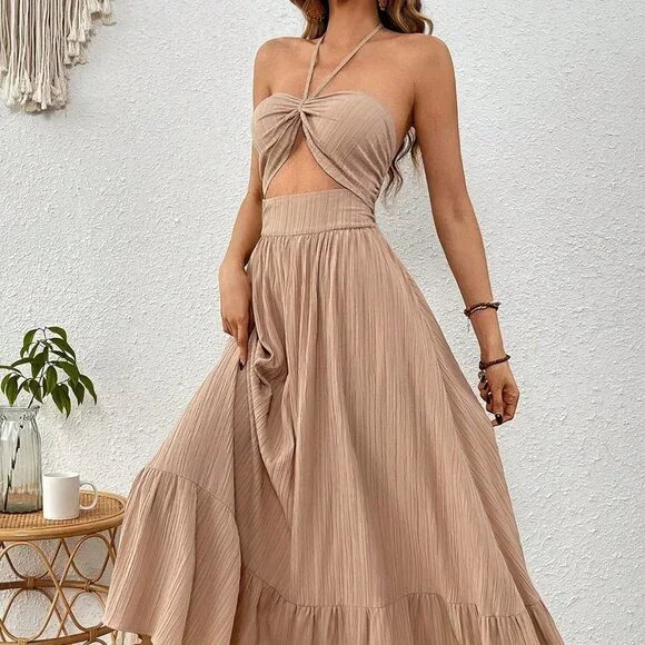 Khaki Boho Womens Striped Print Cut Out Ruffle Hem Halter Neck Dress - Picture 5 of 5